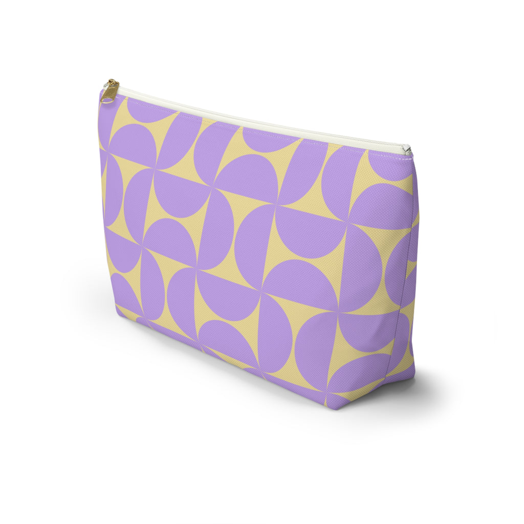 Side view of the purple yellow geometric makeup bag with T-shaped bottom