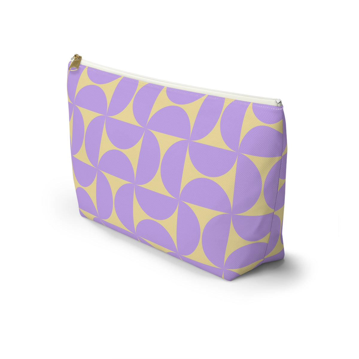 Side view of the purple yellow geometric makeup bag with T-shaped bottom