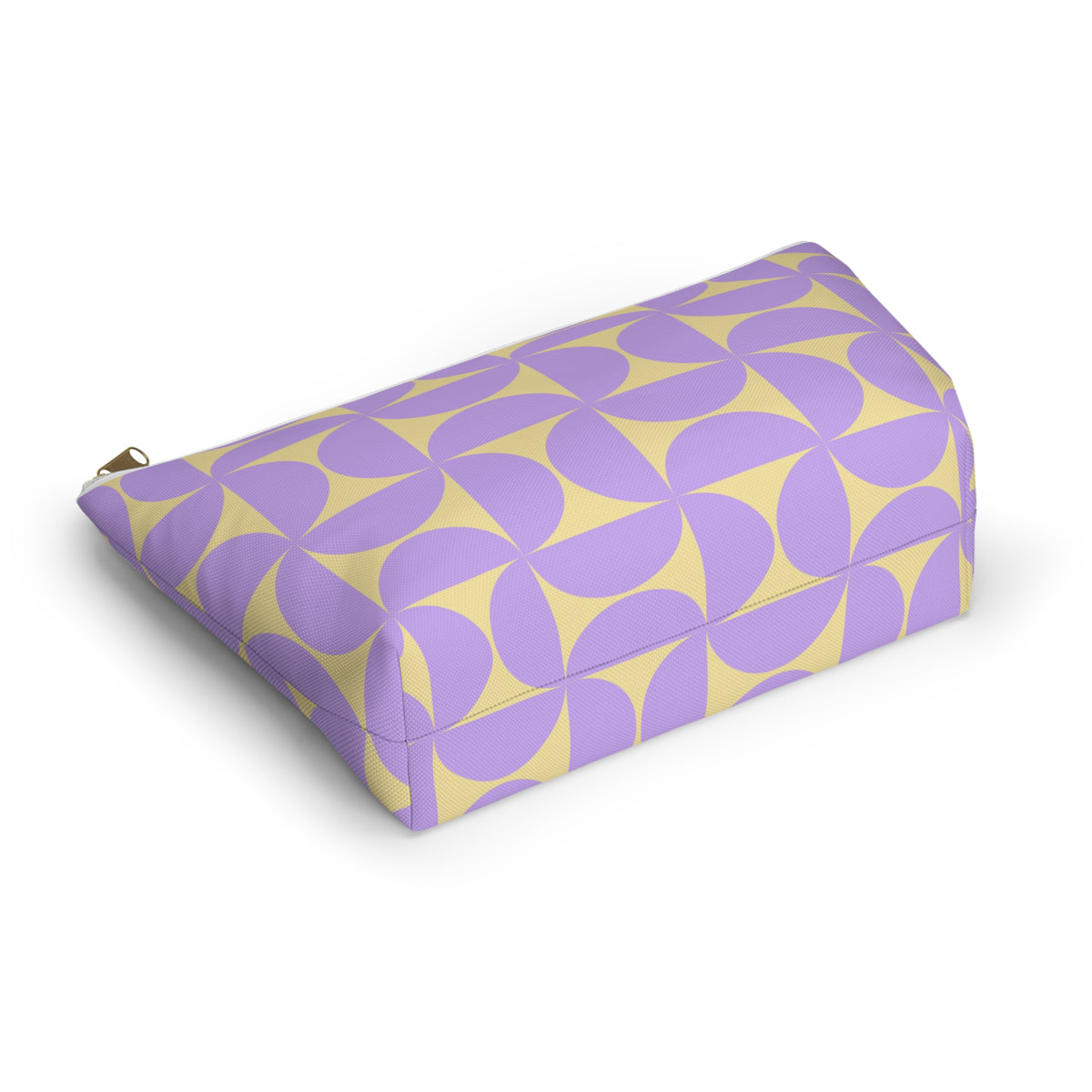 Purple yellow geometric makeup bag lying on its side