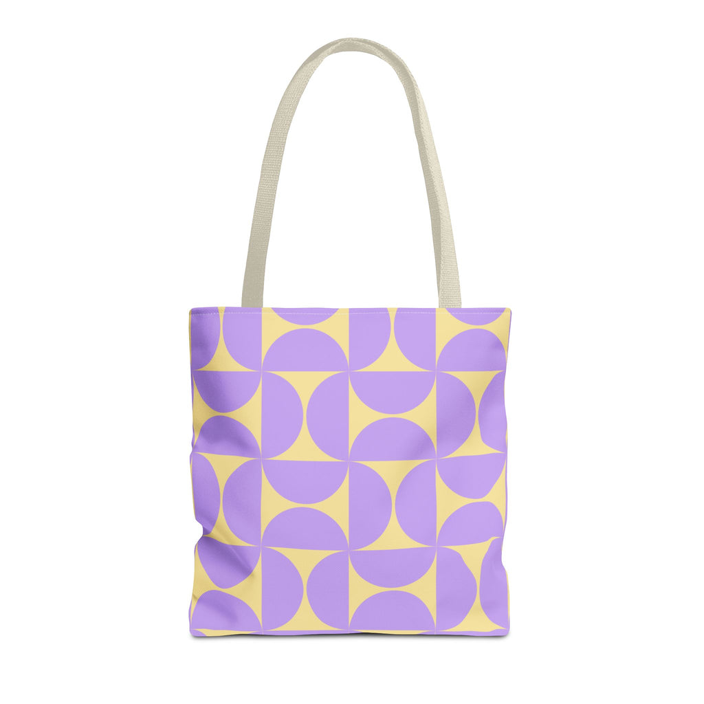 Purple yellow geometric tote bag front view on white background