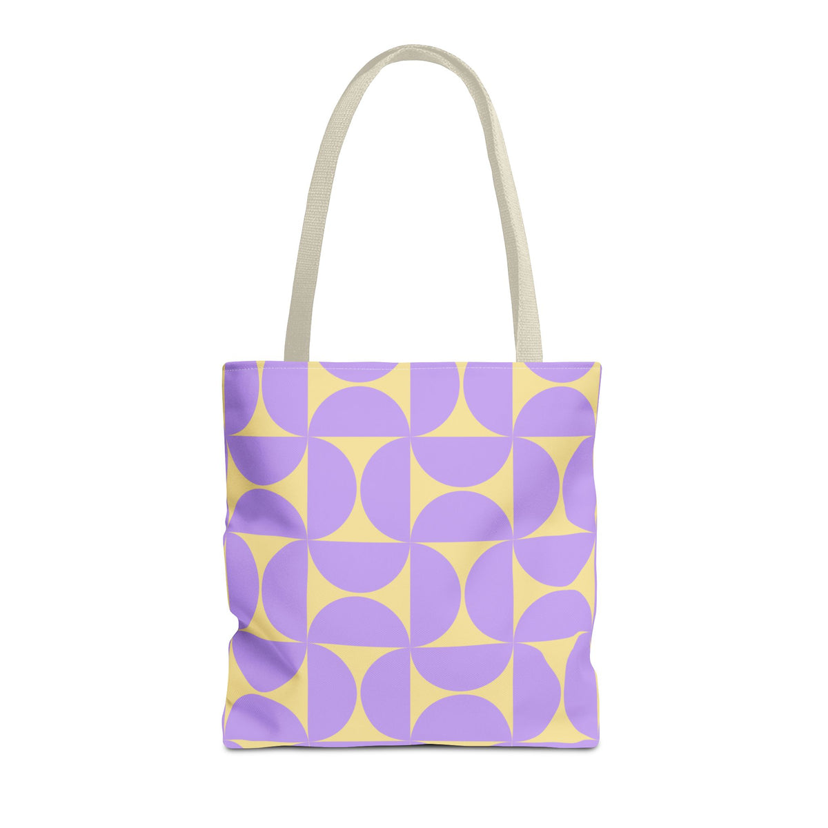 Purple yellow geometric tote bag front view on white background