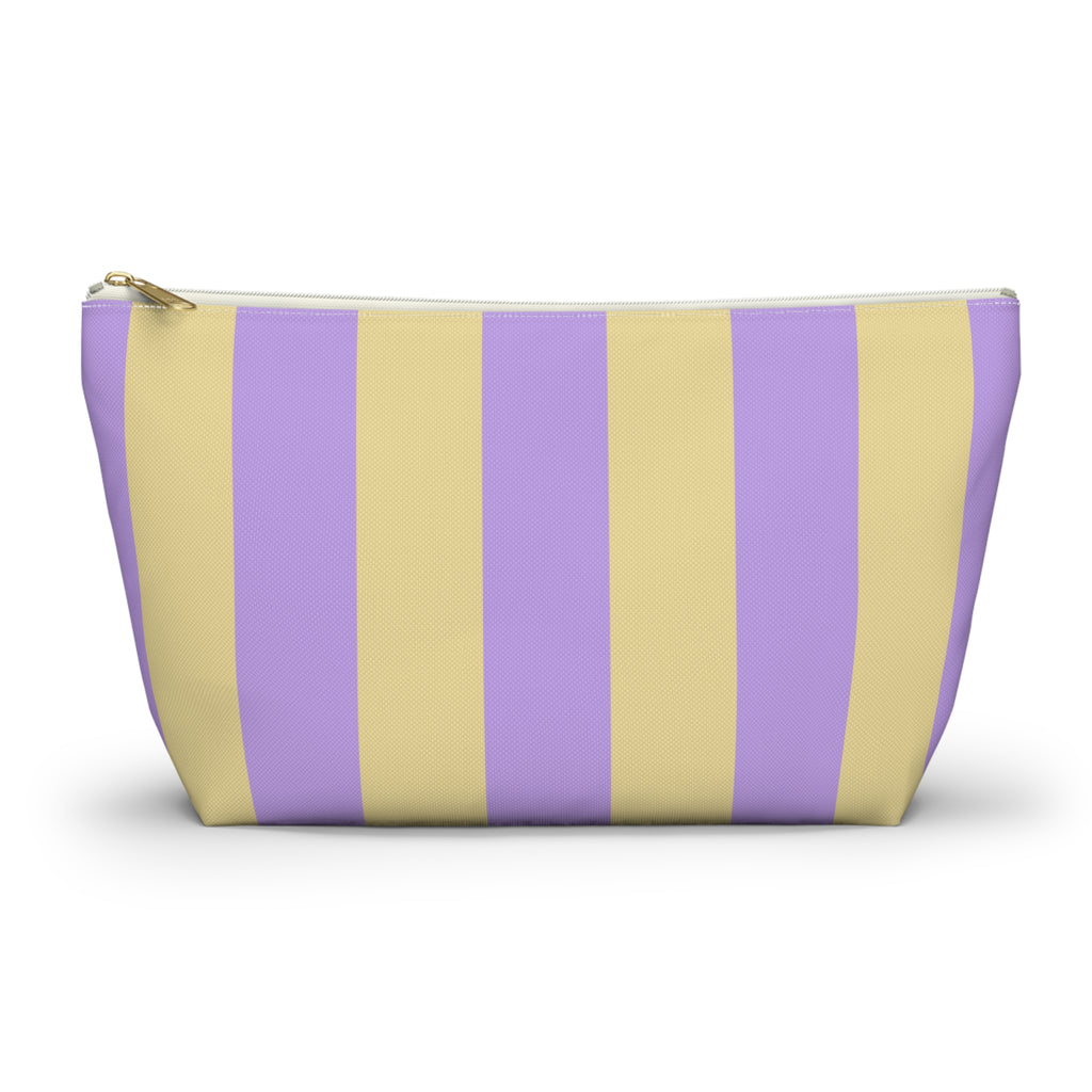 Purple Yellow Striped makeup bag with T-bottom and gold zipper pull, front view