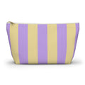 Purple Yellow Striped makeup bag with T-bottom and gold zipper pull, front view