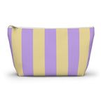 Purple Yellow Striped makeup bag with T-bottom and gold zipper pull, front view