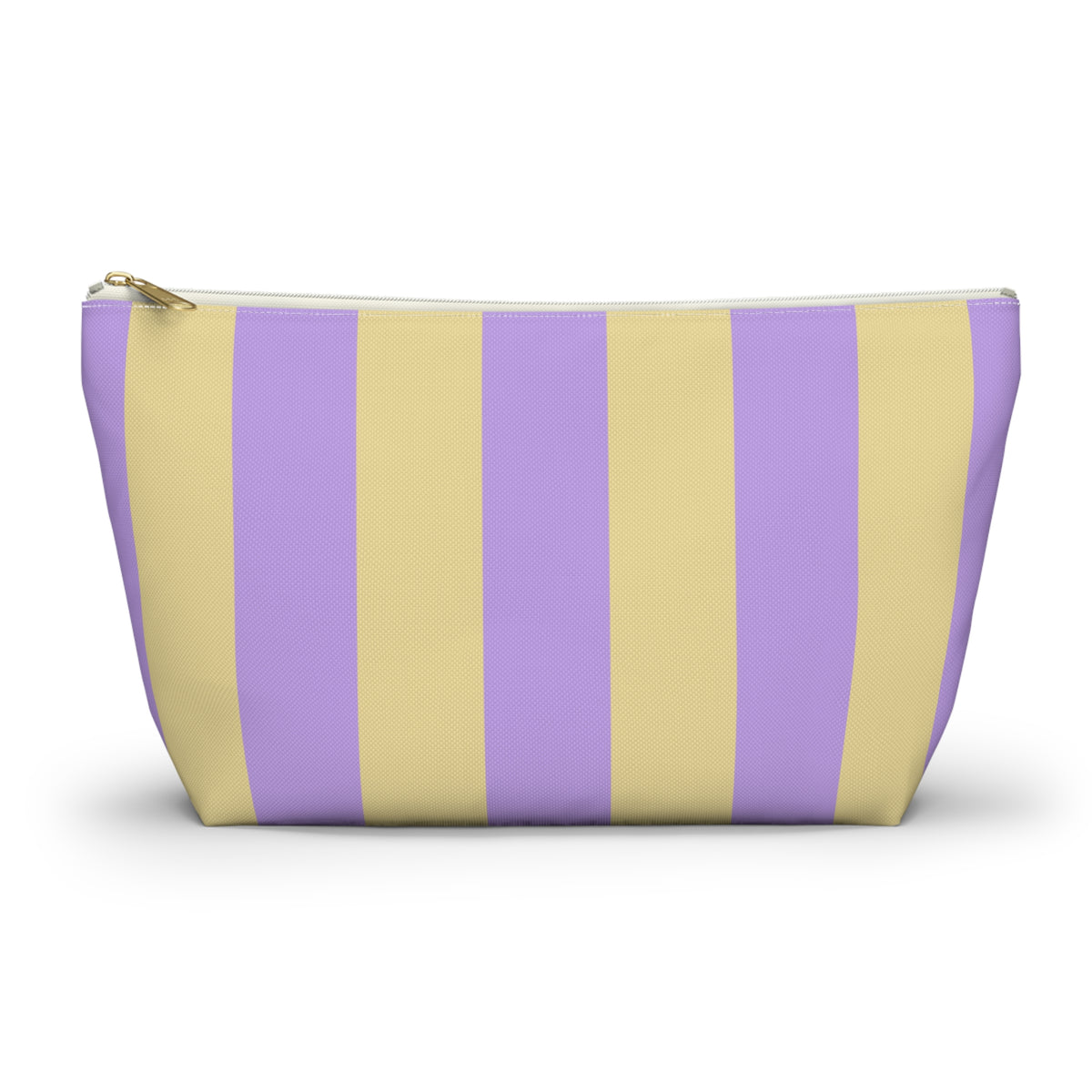 Purple Yellow Striped makeup bag with T-bottom and gold zipper pull, front view