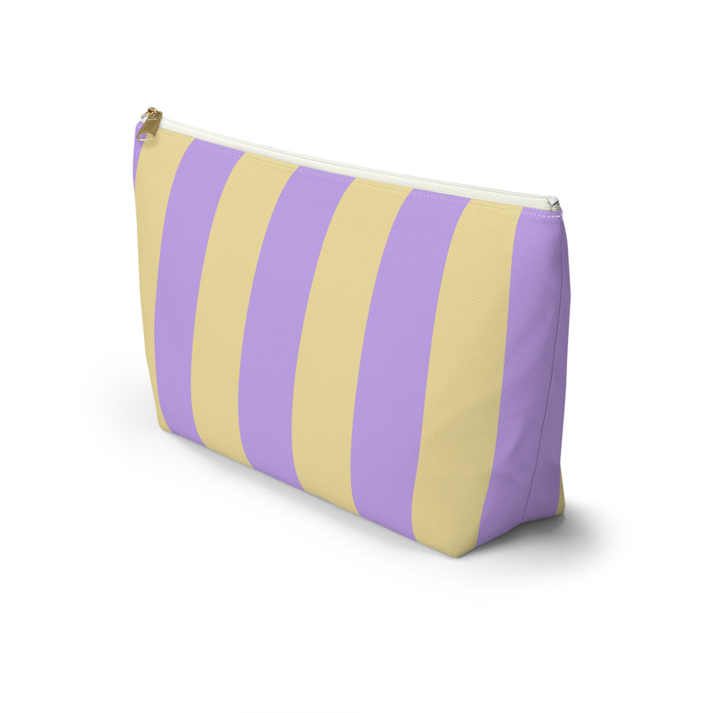 Side view of the Purple Yellow Striped makeup bag