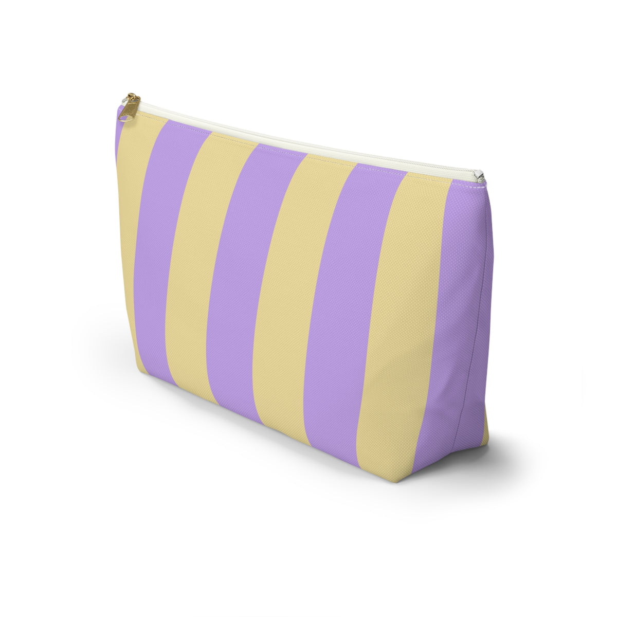 Side view of the Purple Yellow Striped makeup bag