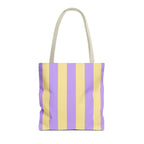Purple Yellow Striped tote bag with beige handles, front view on white
