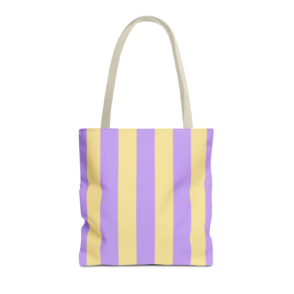 Purple Yellow Striped tote bag with beige handles, front view on white