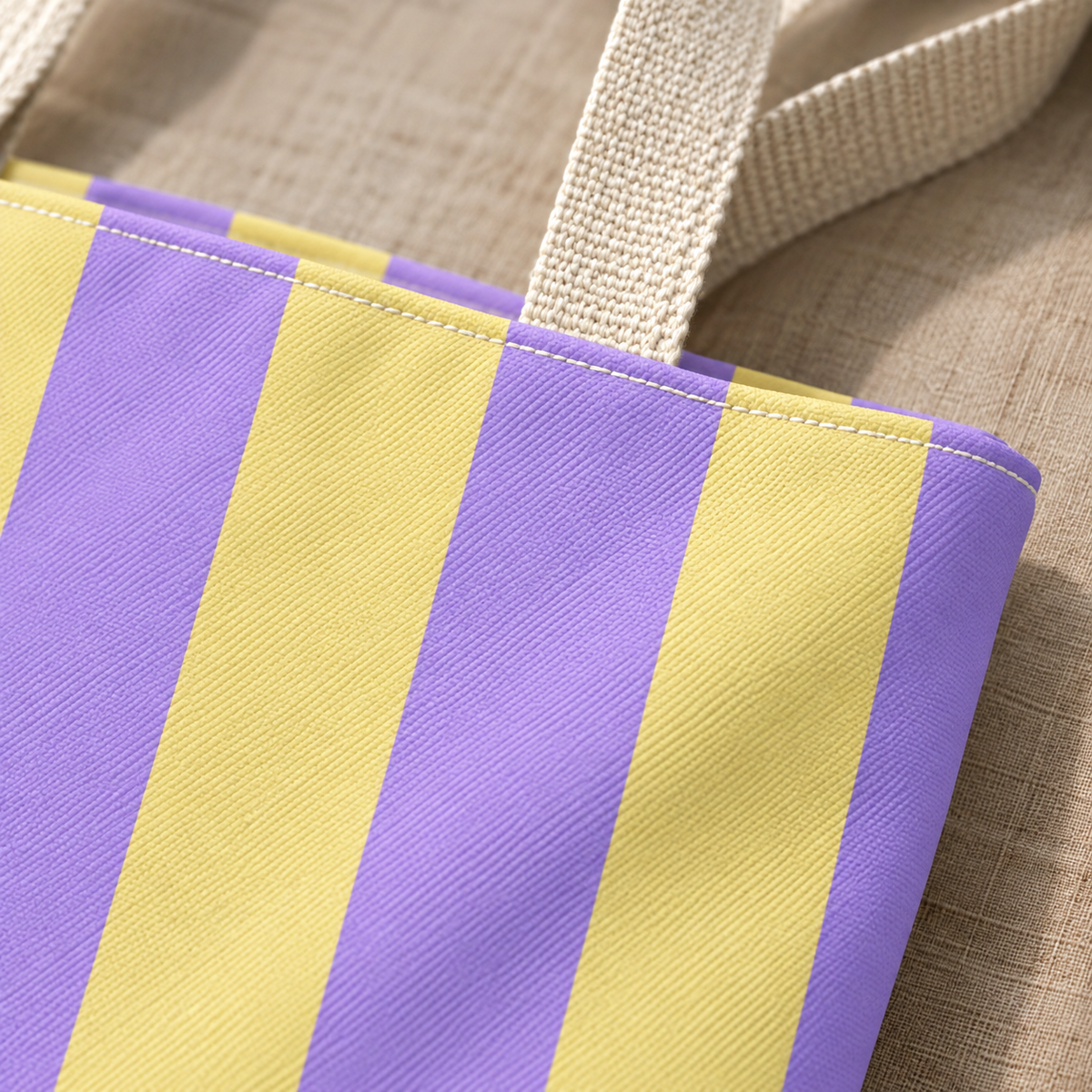 Close-up of the purple and yellow stripes and the handle of the striped tote bag