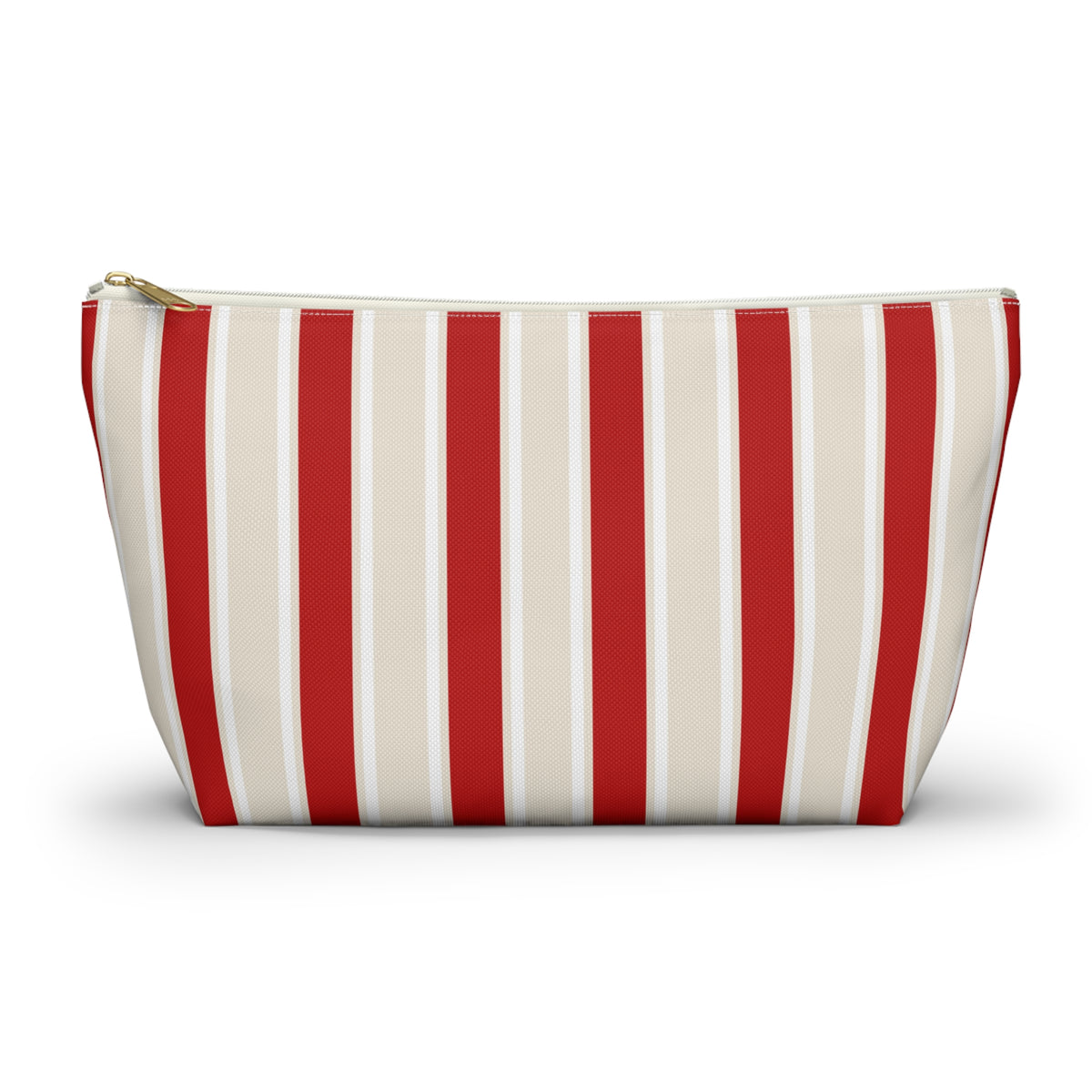 Red cream striped makeup bag with T-bottom and gold zipper pull, front view