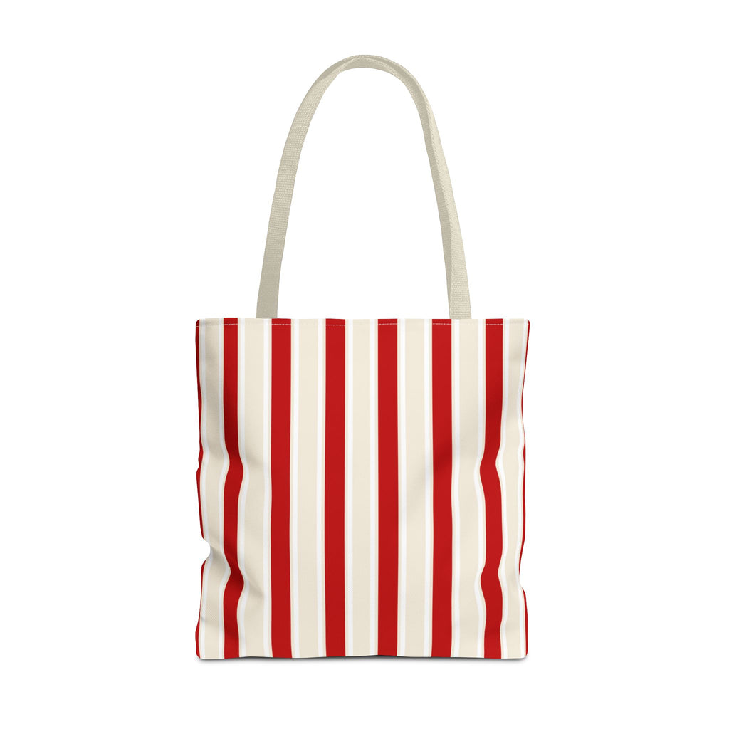 Red cream striped tote bag with beige handles, front view on white background