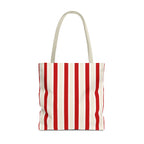 Red cream striped tote bag with beige handles, front view on white background