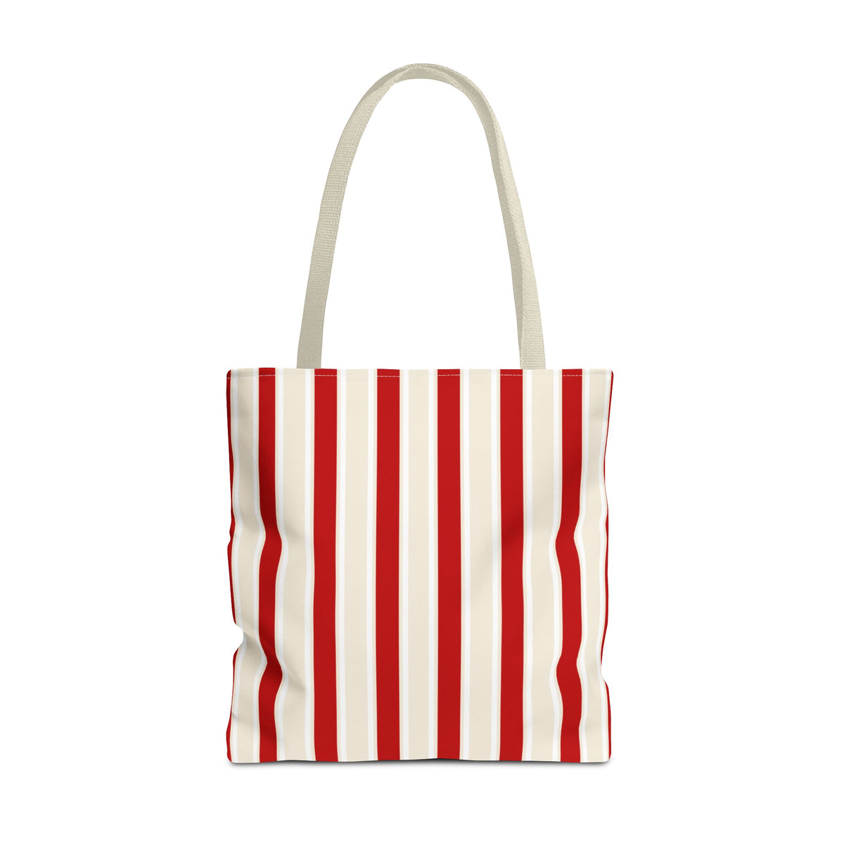 Red cream striped tote bag with beige handles, front view on white background