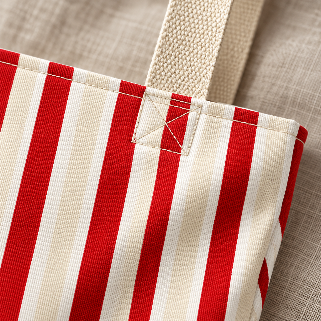 Close-up of the bright red and cream stripes and the beige handle on the red cream striped tote bag