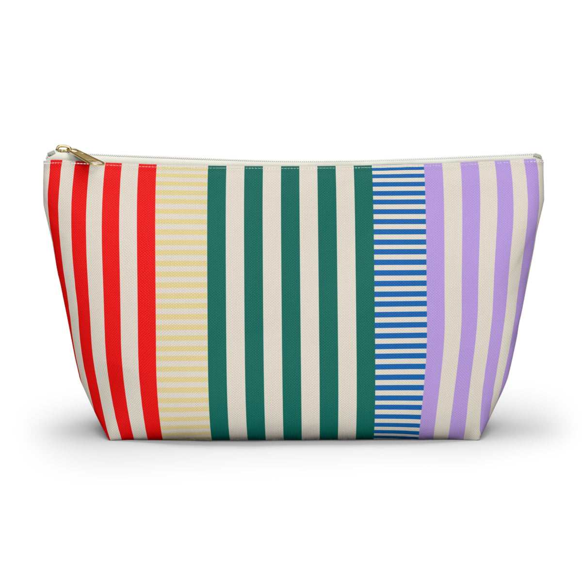 Red green lavender striped makeup bag with gold zipper pull, front view