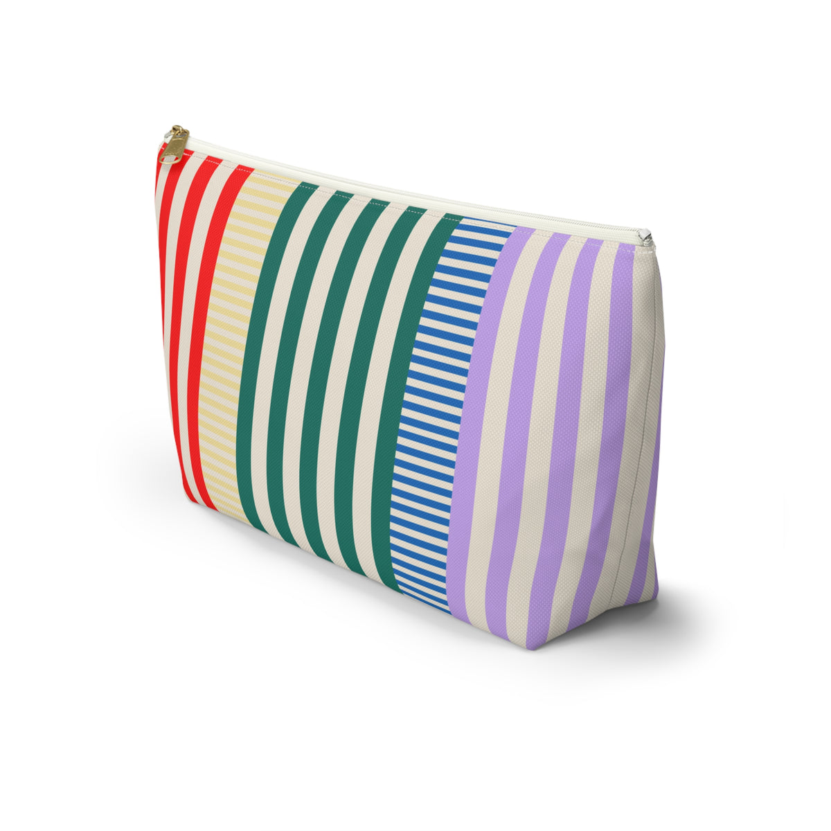 Striped makeup bag with T-shaped bottom seen from the side