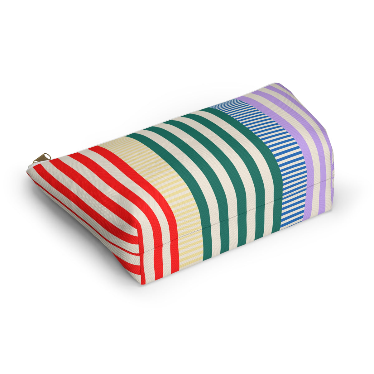 Striped cosmetic bag lying on its side showing red, green and lavender stripes