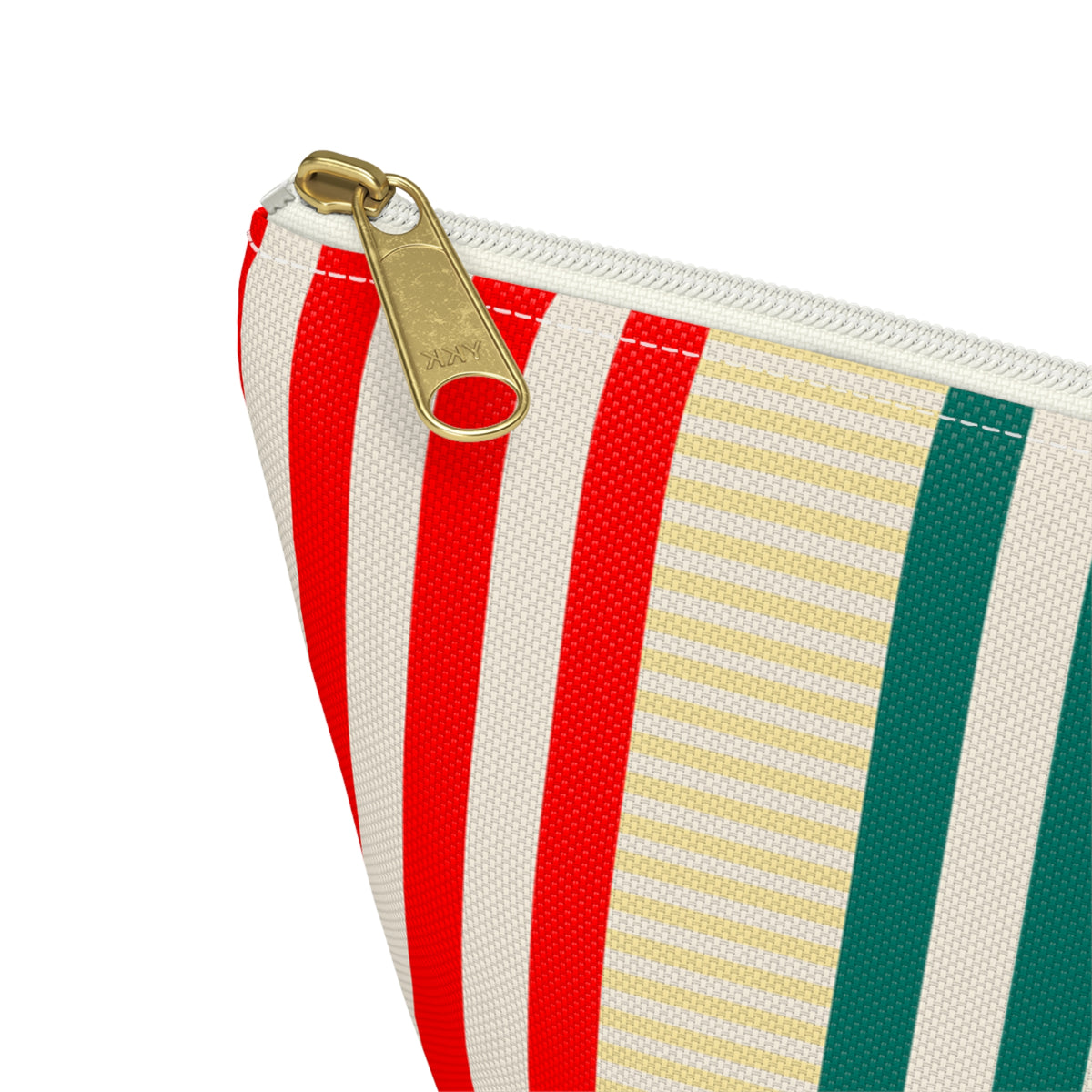 Close-up of the gold zipper pull on the striped makeup bag