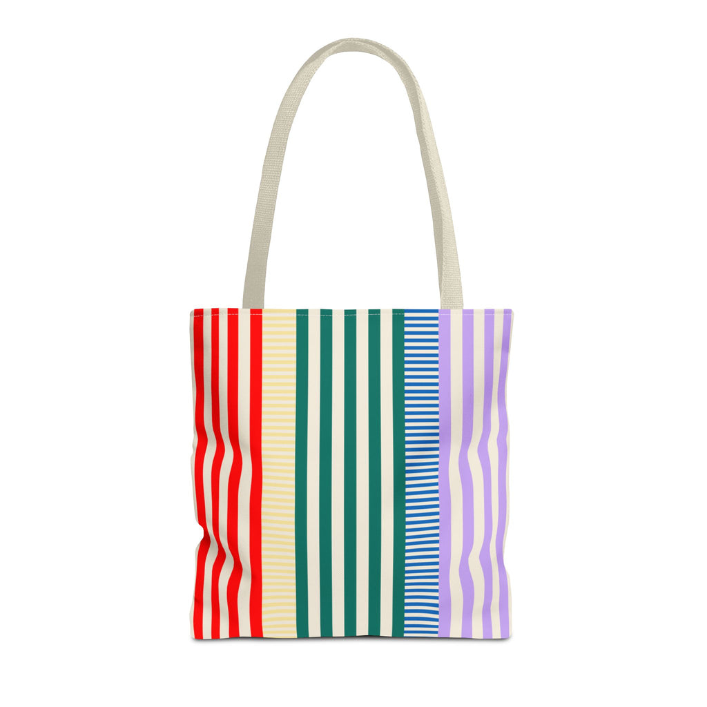 Red green lavender striped tote bag with cream handles on a white background