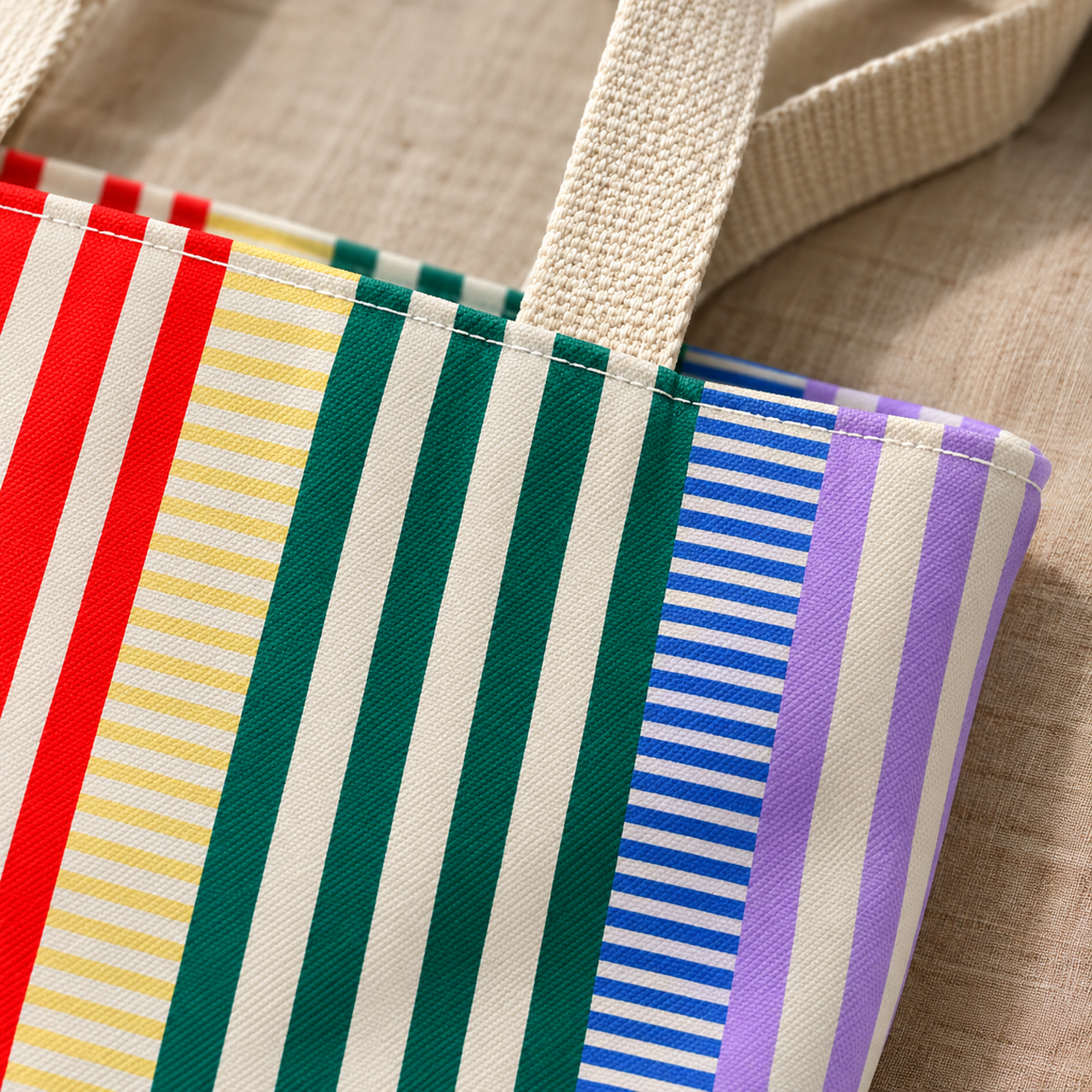 Close-up of the red, cream, green and blue stripes and cream handle of the striped tote bag