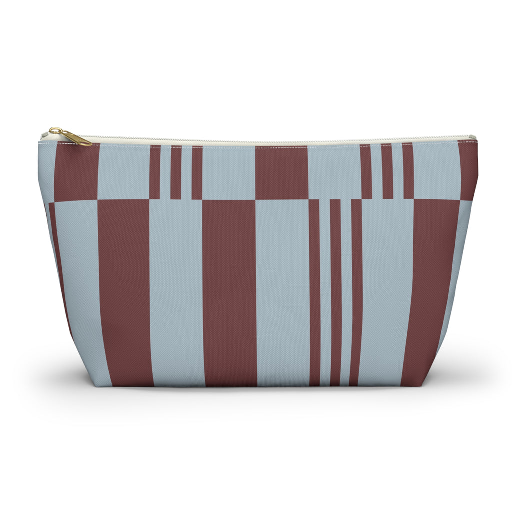 Sky blue burgundy block striped makeup bag with gold zipper pull, front view
