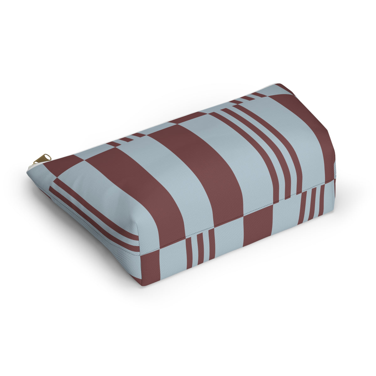Sky blue burgundy block striped makeup bag lying on its side in an angled view