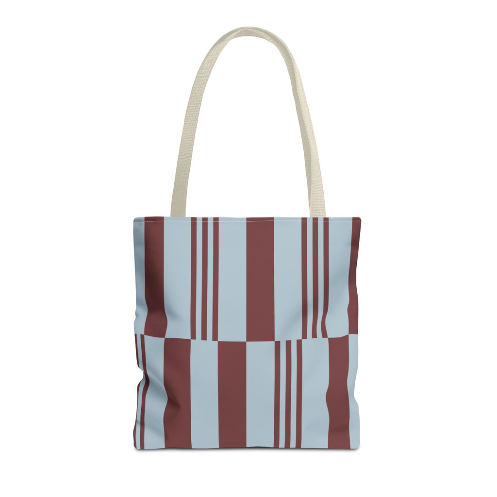 Sky blue burgundy block striped tote bag with beige handles, front view on white background