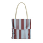 Sky blue burgundy block striped tote bag with beige handles, front view on white background