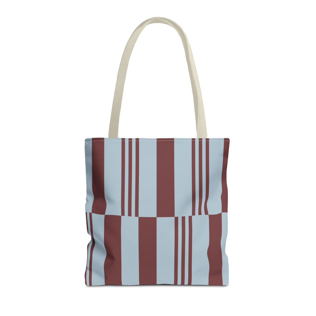 Sky blue burgundy block striped tote bag with beige handles, front view on white background