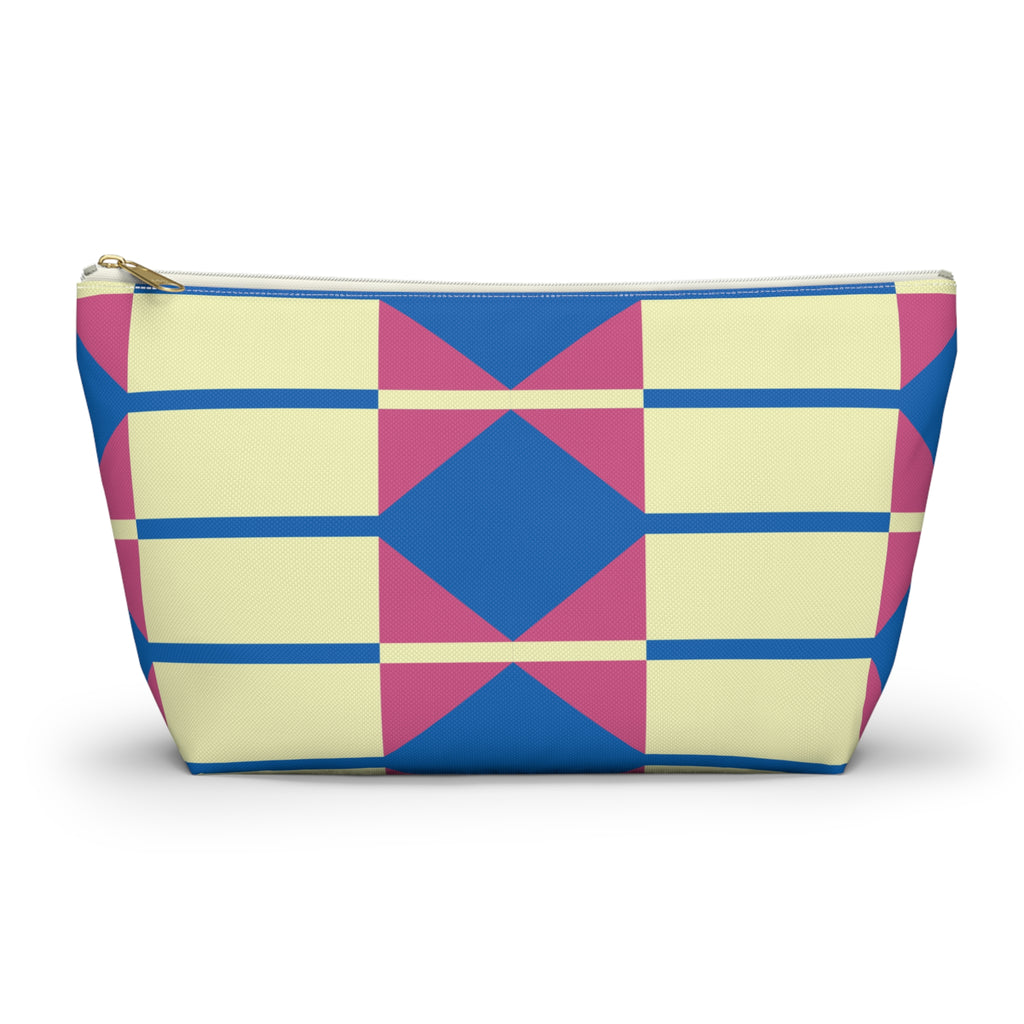Yellow pink blue geometric makeup bag with gold zipper pull, front view on white background