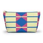 Yellow pink blue geometric makeup bag with gold zipper pull, front view on white background