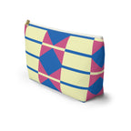 Side view of the geometric makeup bag in yellow, pink and blue with T-bottom shape