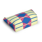 Geometric makeup bag lying on its side showing the pink and blue diamond print