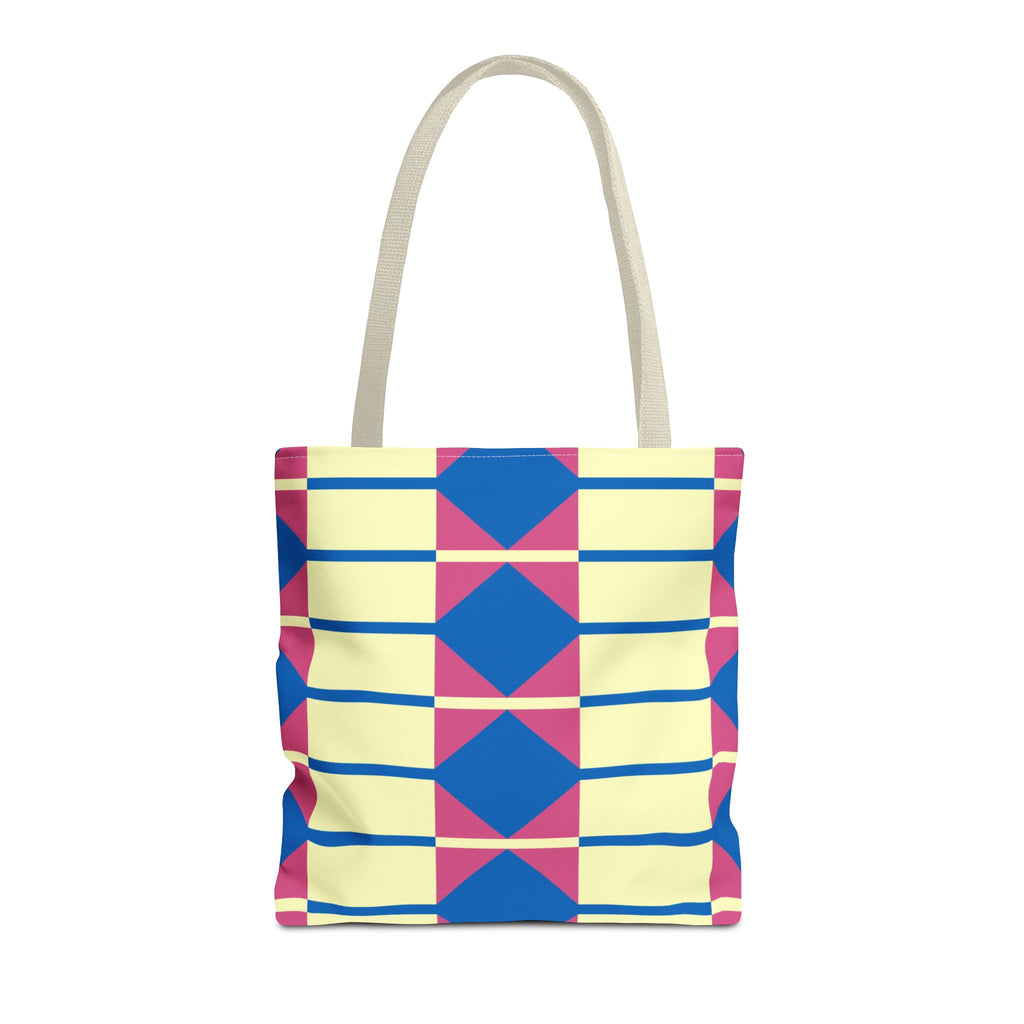 Yellow pink blue geometric tote bag, front view on white background
