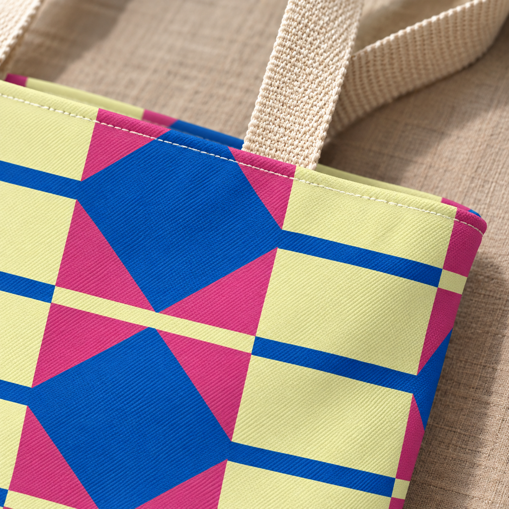 Close-up of the pink and blue diamond print with the tote handle